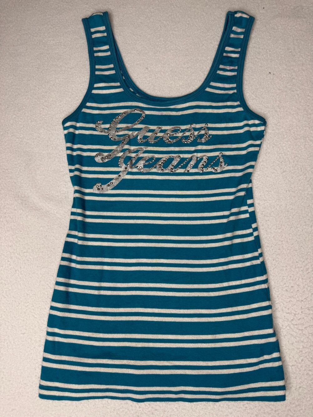 Guess Jeans Women’s M Blue Striped Rhinestone Logo Tank Top Y2K 2000s